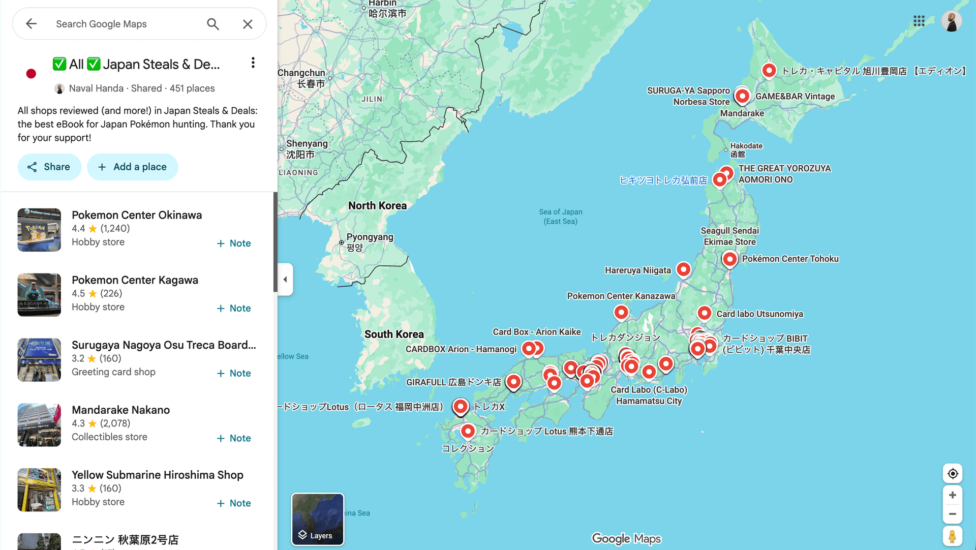 Google Maps All Shops list showing 451 Pokémon card shop locations across Japan