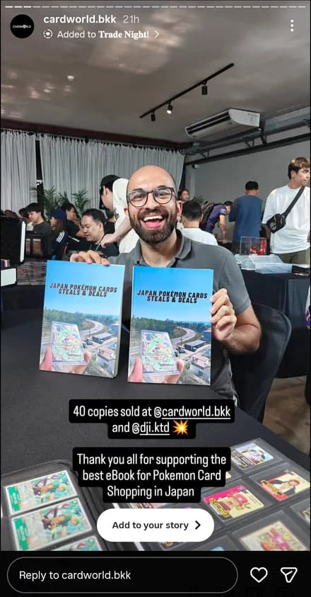 Instagram post from CardWorld Bangkok collector holding the Japan Pokémon card shops guide