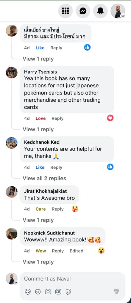 Facebook comments from collectors praising the guide for locations covering Pokémon cards and other TCG merchandise
