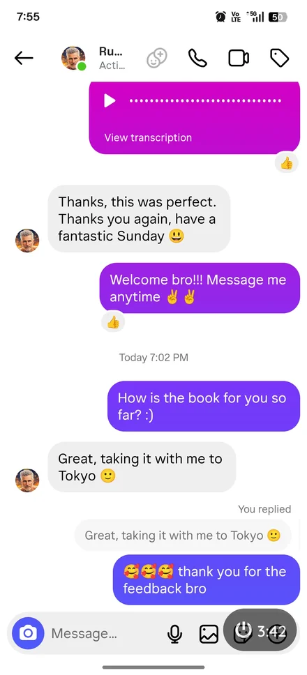 Instagram message from a Russian-speaking collector saying the guide is perfect and taking it to Tokyo
