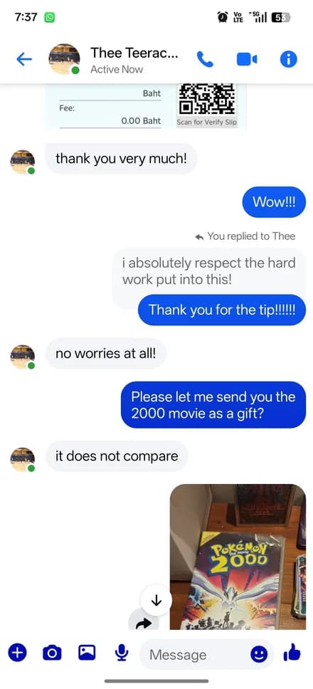 Chat with collector Thee thanking for the guide and sharing a Pokémon 2000 movie find