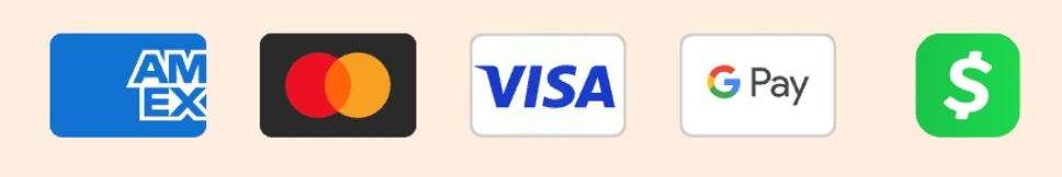 Amex, Mastercard, Visa, Google Pay, Cash App
